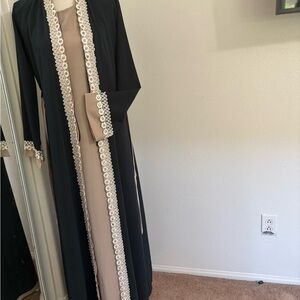 Elegant Black and Beige Abaya with Lace Trim good for hijabs